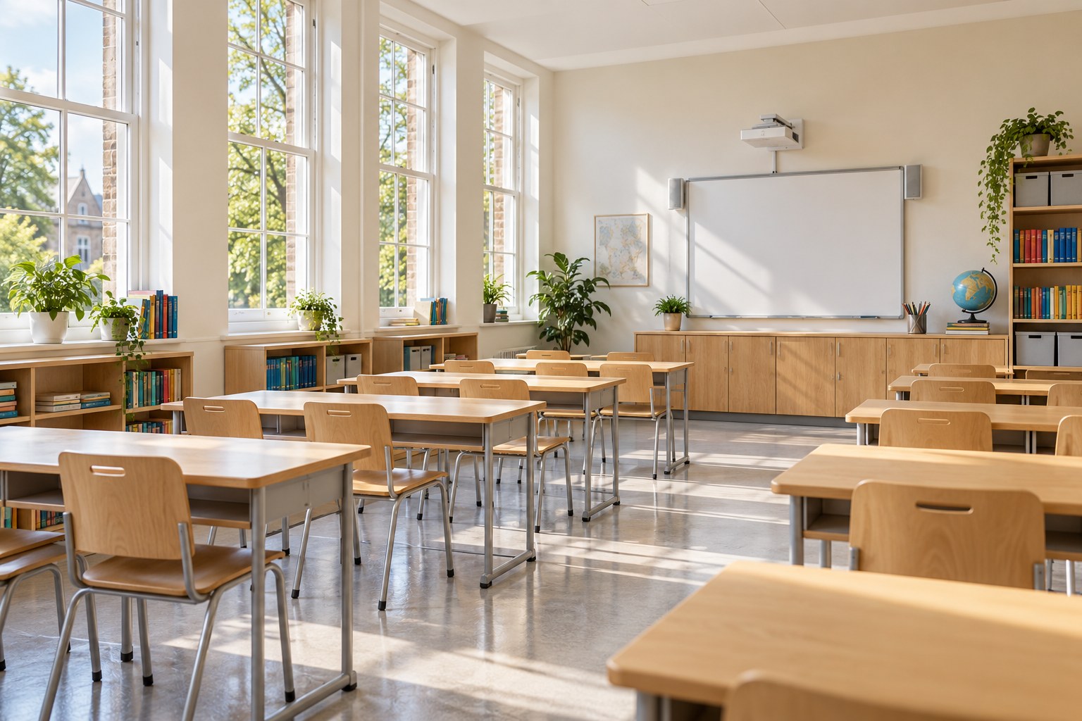 Bright, neatly arranged school classroom
